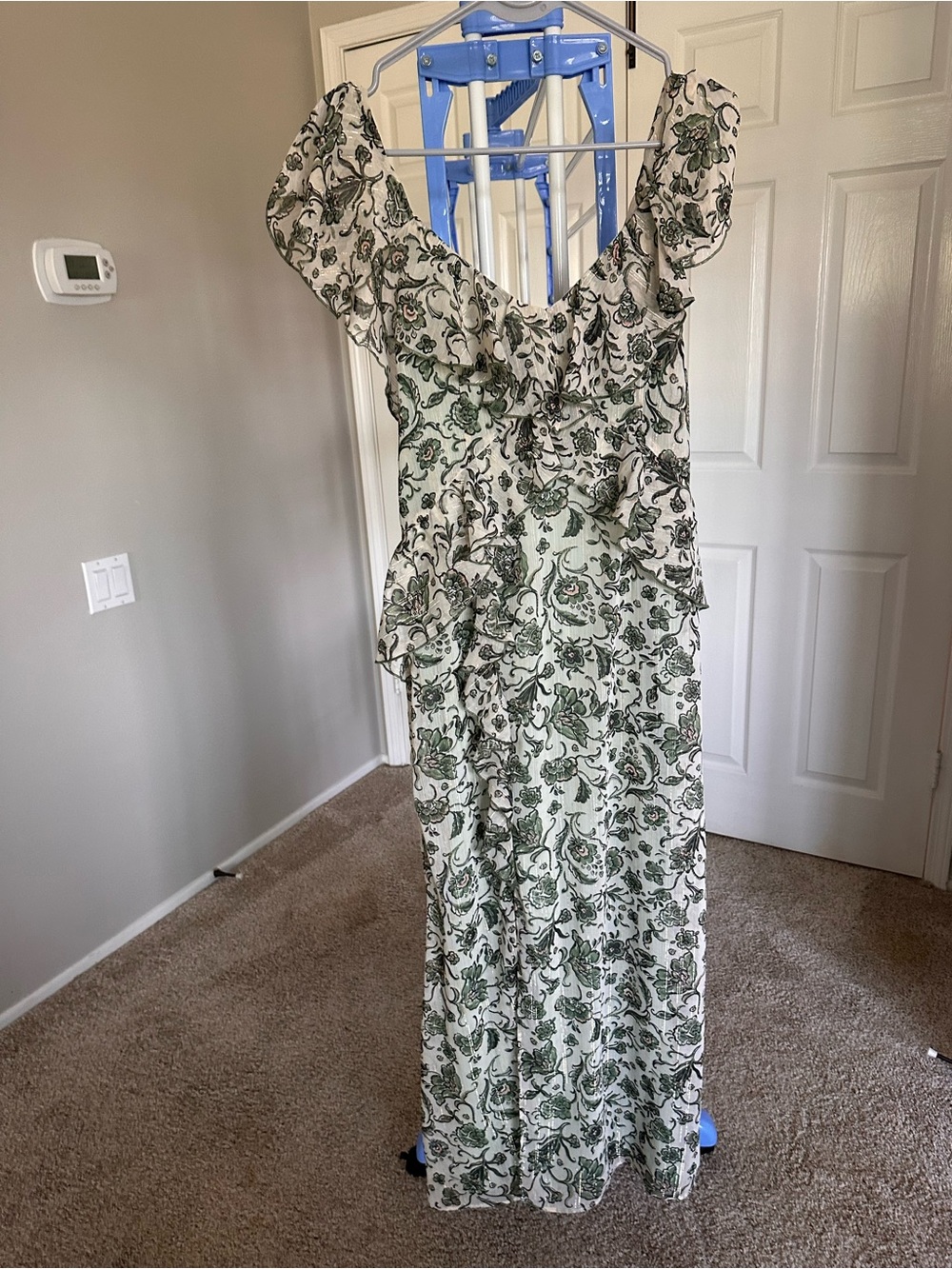 Floral Off-Shoulder Green and White Maxi Dress